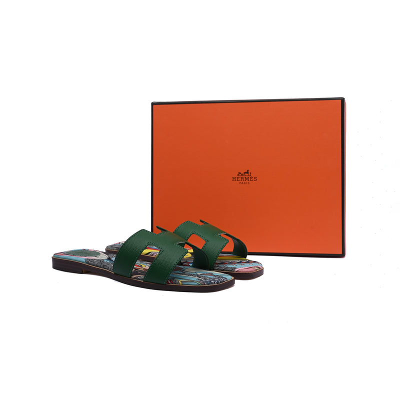 Hermes Leather Oran Flat Slide Sandals Woman H38-30 Green - 4