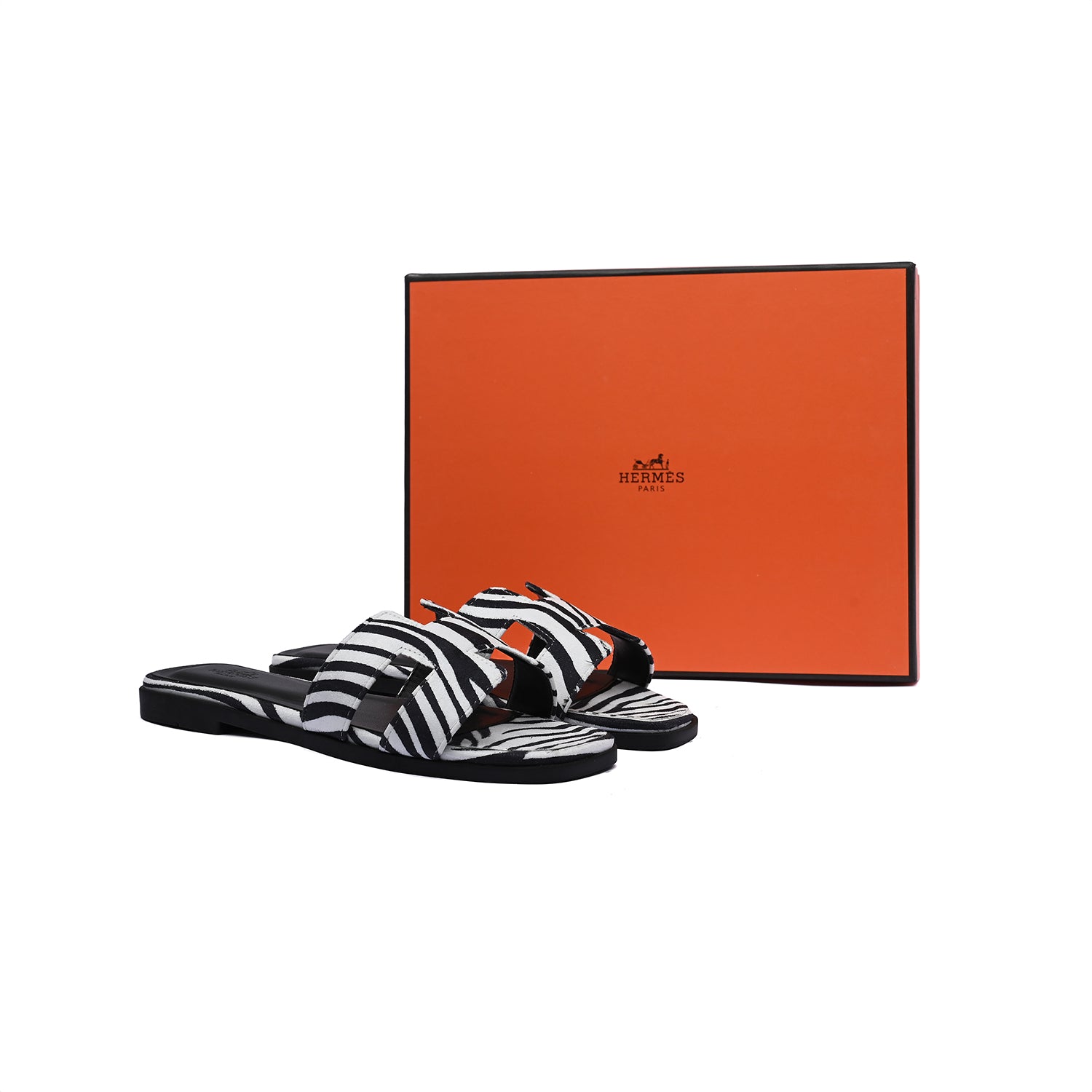 Hermes Oran Flat Slide leather sandals with snake animal print Woman H38-17 Black&White - 4
