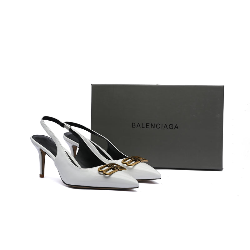 Balenciaga Square Knife BB Slingback Pumps Open Back 8812-5 White - 4
