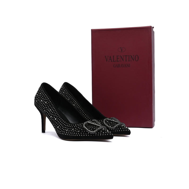 Valentino Garavani V Logo Crystal Embellished Heels Woman 1554 Black - 4