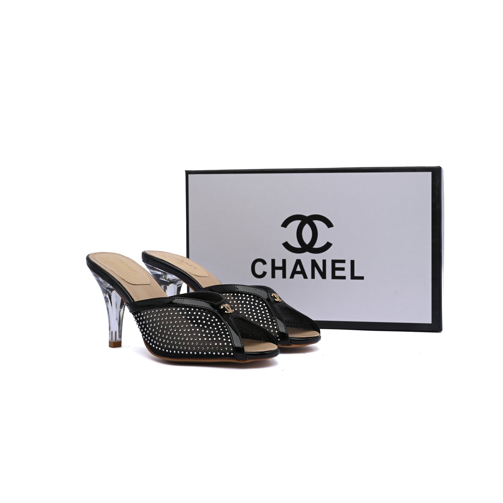 Chanel Crystal Embellished Open Toe Heels With Rhinestones And Clear 898-5 Black - 4