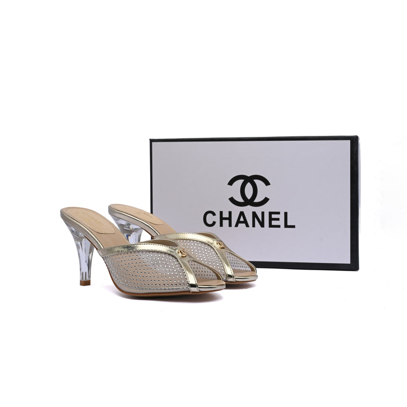 Chanel Crystal Embellished Open Toe Heels With Rhinestones And Clear 898-5 Gold - 4