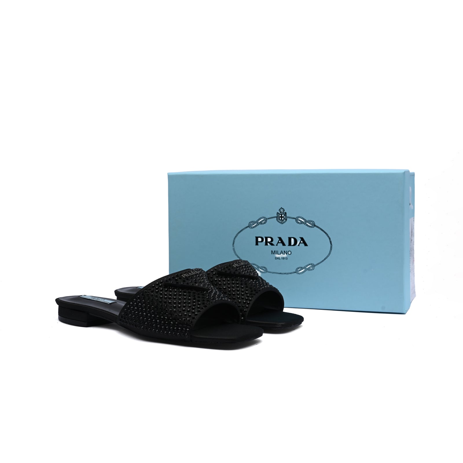 Prada Satin Crystal Logo Slide Embellished Sandals Woman 5566 Black - 4