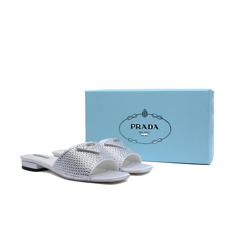 Prada Satin Crystal Logo Slide Embellished Sandals Woman 5566 Silver - 4