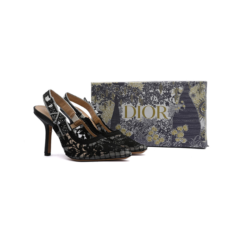 Dior Goolita Bow Crystal Mesh Mule Heels for Women 1688-2 Black&White - 4
