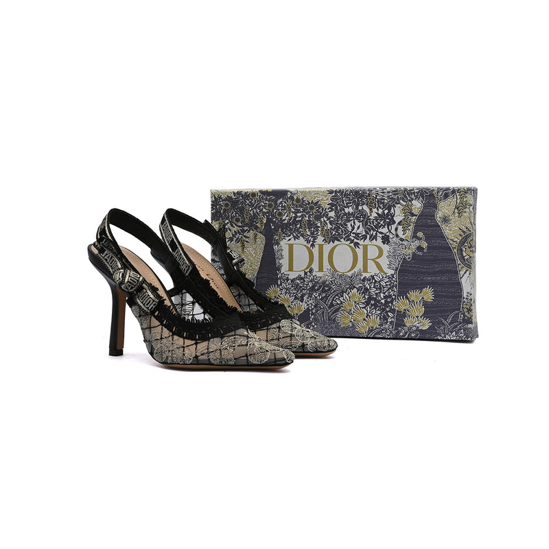 Dior Goolita Bow Crystal Mesh Mule Heels for Women 1688-2 Black&Gold - 4