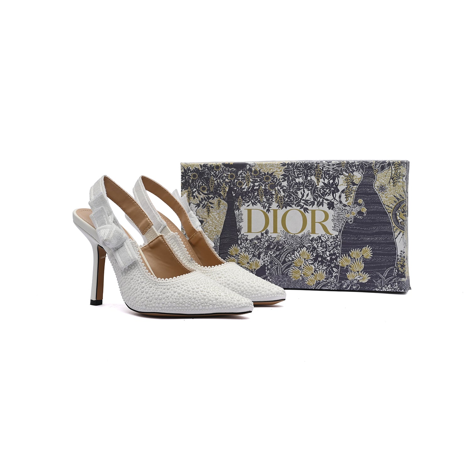 Dior Goolita Bow Crystal Mesh Mule Heels for Women 1688-1 White - 4
