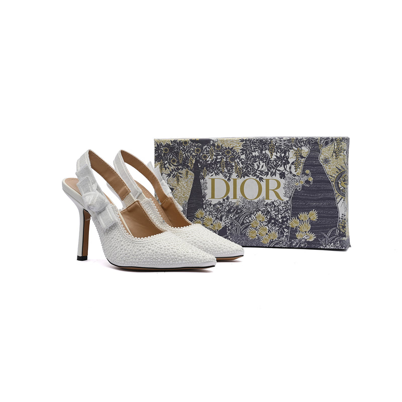 Dior Goolita Bow Crystal Mesh Mule Heels for Women 1688-1 White - 4