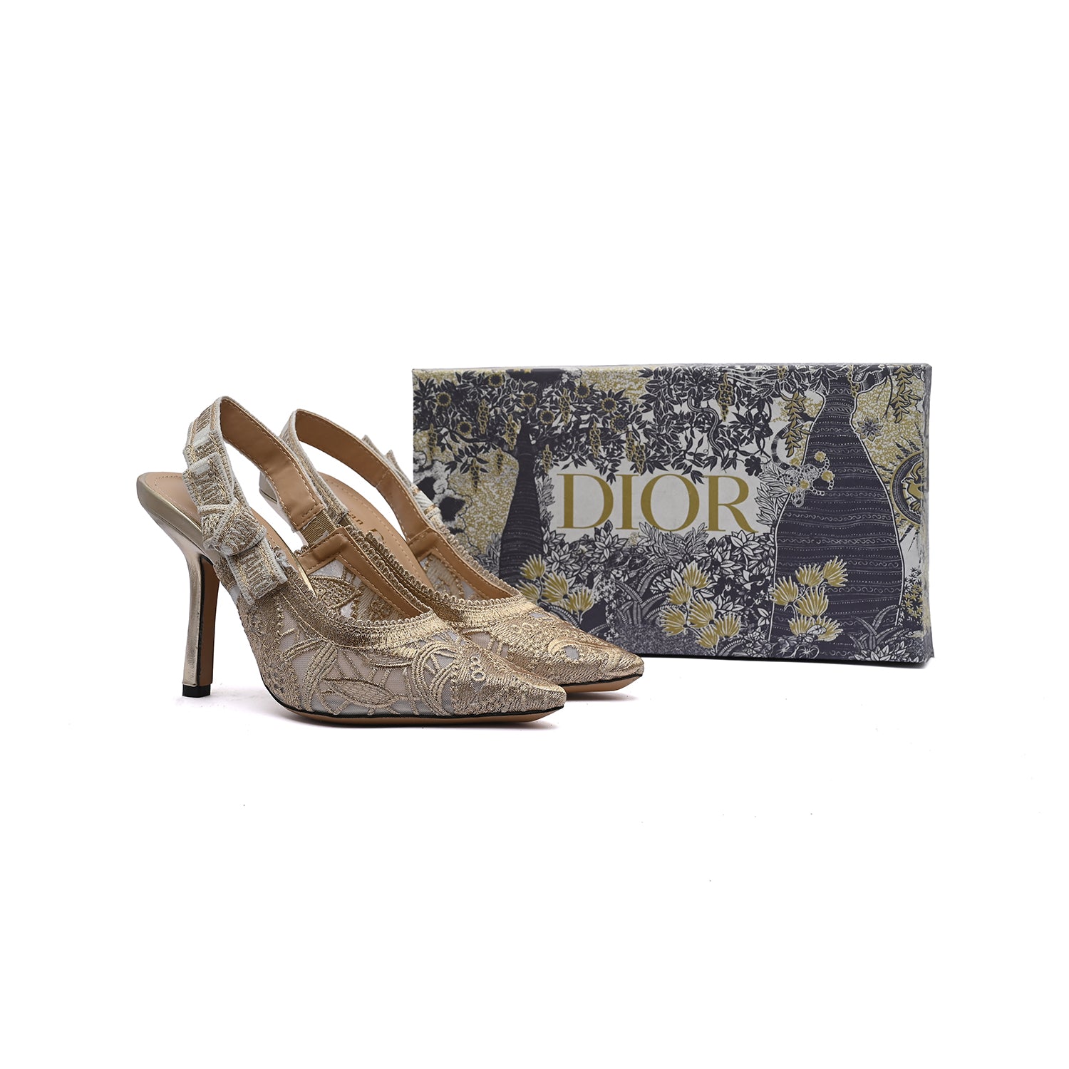 Dior Goolita Bow Crystal Mesh Mule Heels for Women 1688-2 Gold - 4