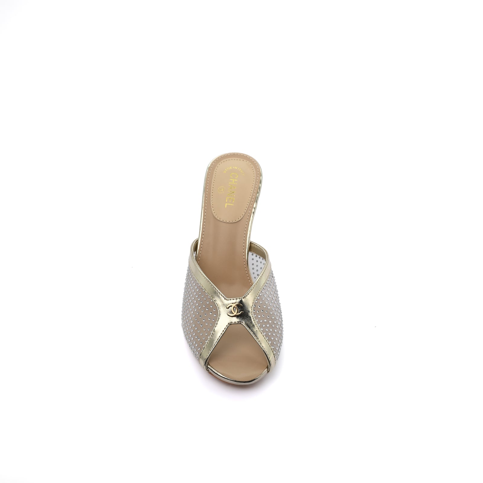 Chanel Crystal Embellished Open Toe Heels With Rhinestones And Clear 898-5 Gold - 3