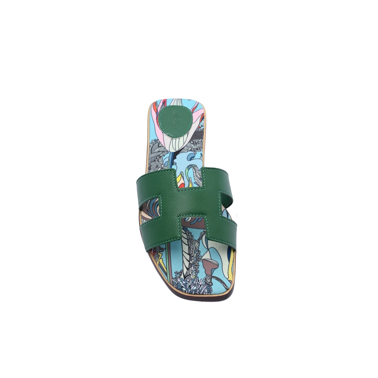 Hermes Leather Oran Flat Slide Sandals Woman H38-30 Green - 3