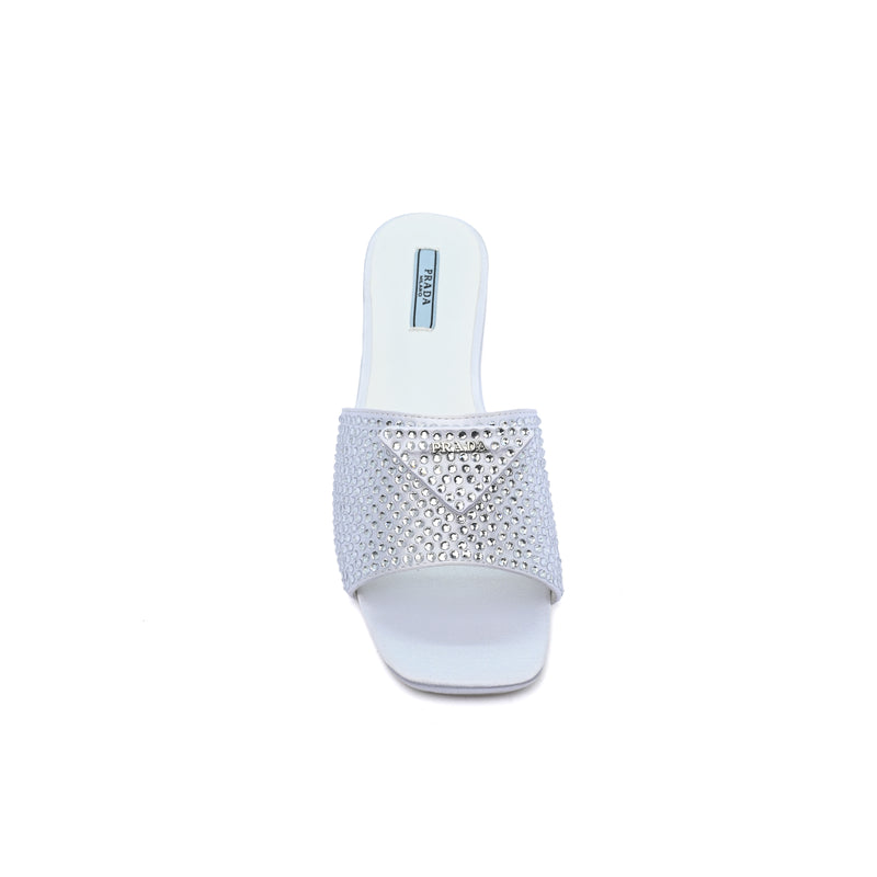 Prada Satin Crystal Logo Slide Embellished Sandals Woman 5566 Silver - 3