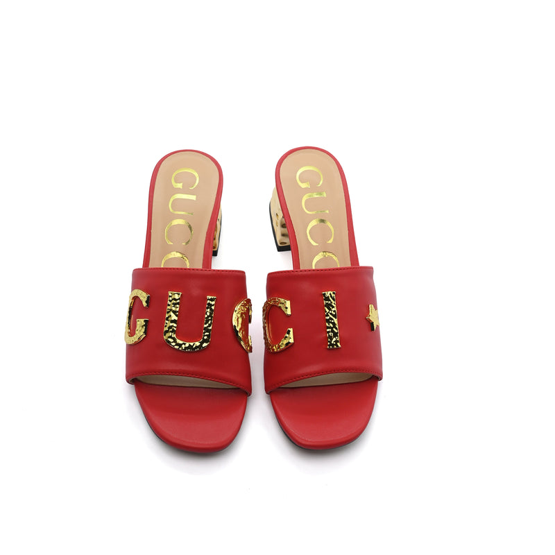 Gucci Logo Leather Flat Gols Sandals Interlocking Out Sandal Woman 666-7 Red - 4