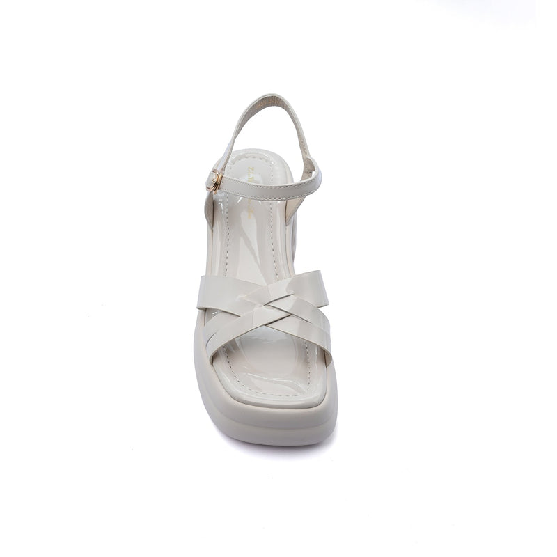 Faux Leather Platform Sole Block Heel Sandals Woman 8888 Beige - 3
