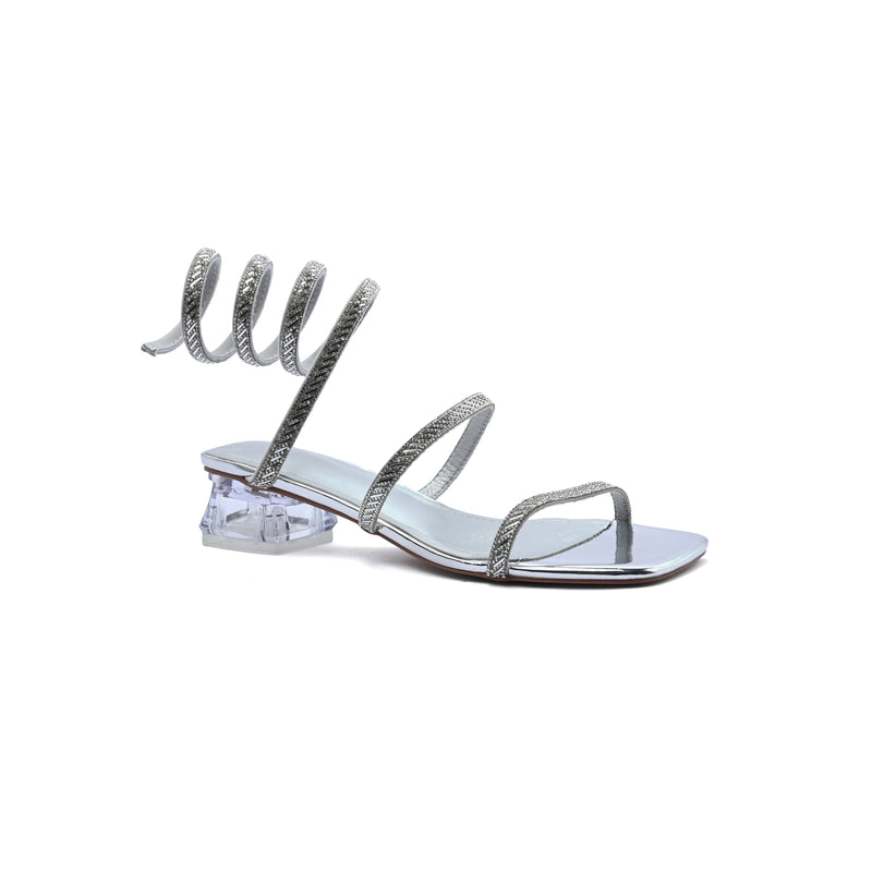 Rhinestone Strap Low Heel Sandals Woman 25212 Silver - 1
