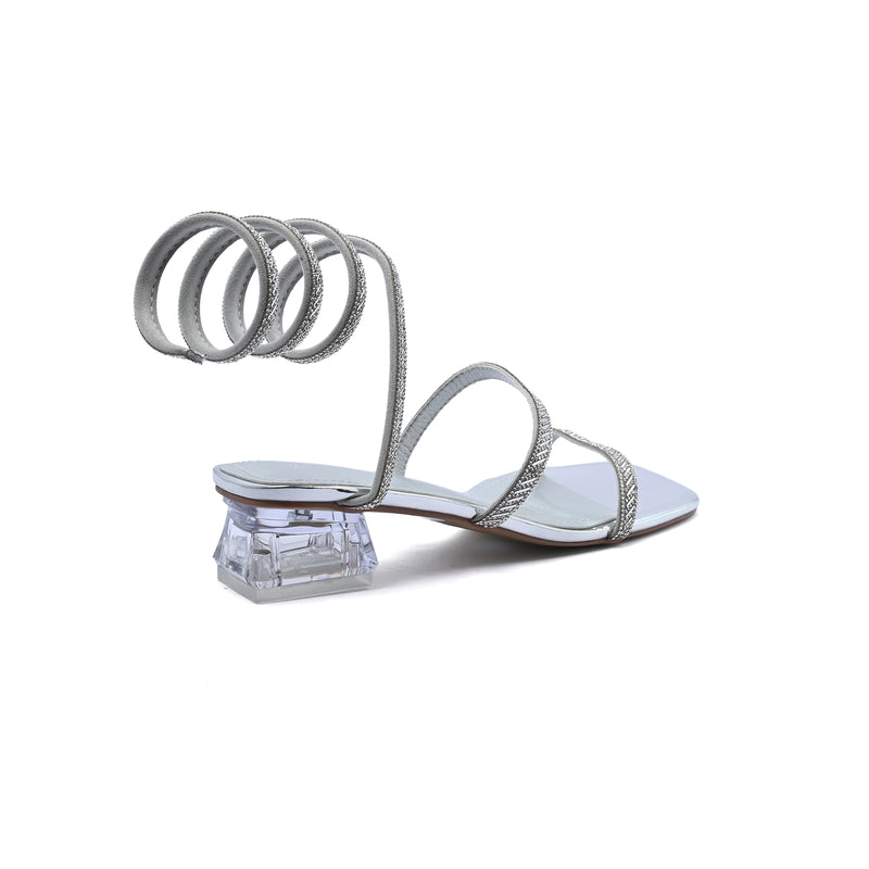 Rhinestone Strap Low Heel Sandals Woman 25212 Silver - 2