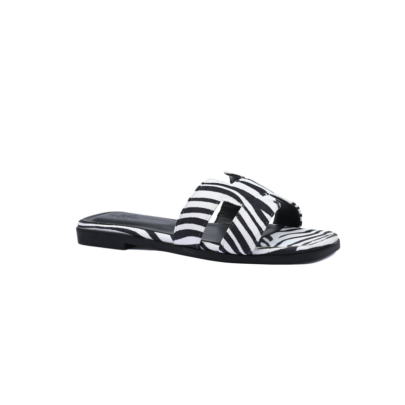 Hermes Oran Flat Slide leather sandals with snake animal print Woman H38-17 Black&White - 1