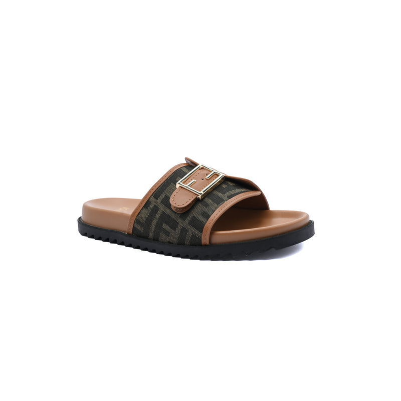 Fendi Slide Bucket Buckle Flat Slide Slipper Woman F1892-113 Beige&Green - 1