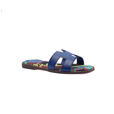 Hermes Leather Oran Flat Slide Sandals Woman H38-30 Blue