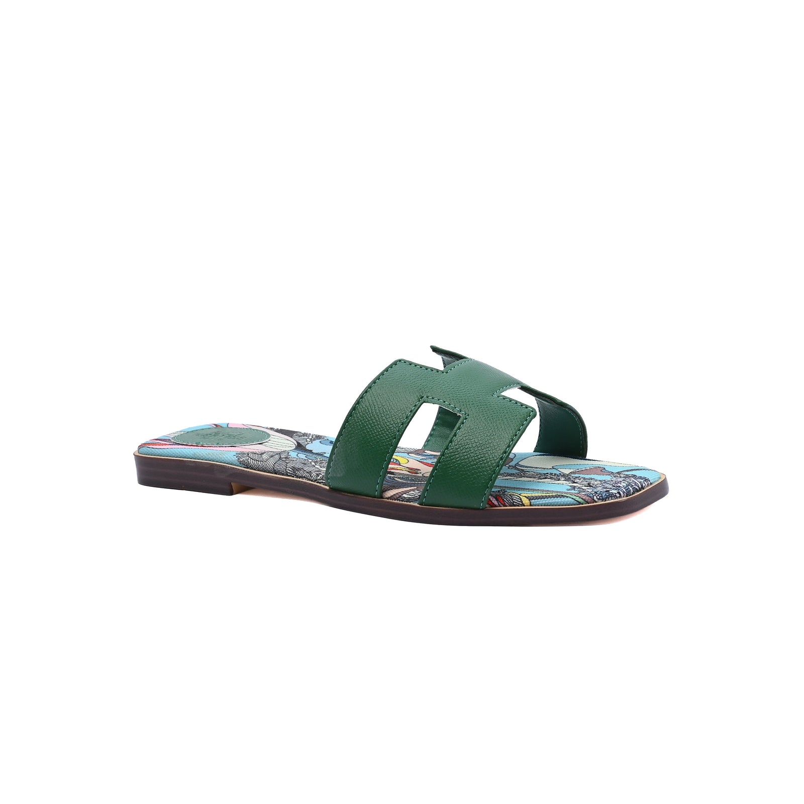 Hermes Leather Oran Flat Slide Sandals Woman H38-30 Green - 1