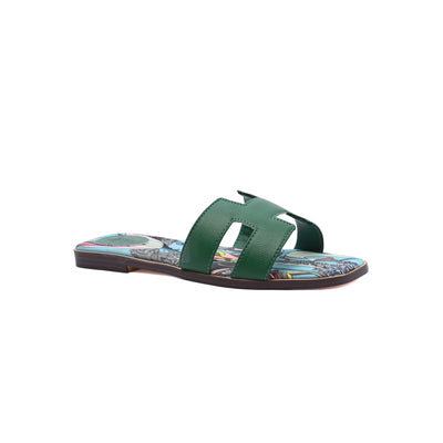 Hermes Leather Oran Flat Slide Sandals Woman H38-30 Green