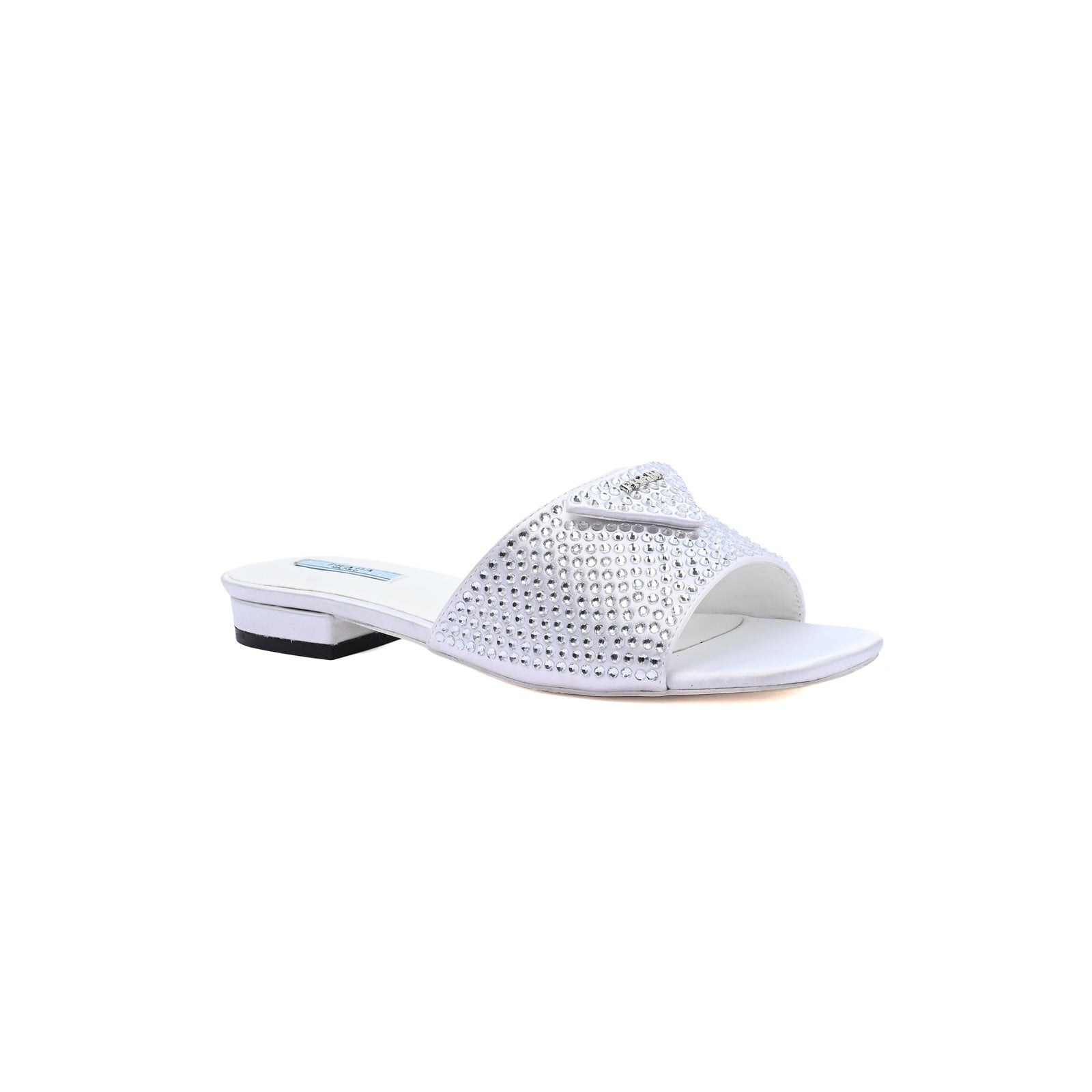 Prada Satin Crystal Logo Slide Embellished Sandals Woman 5566 Silver - 1