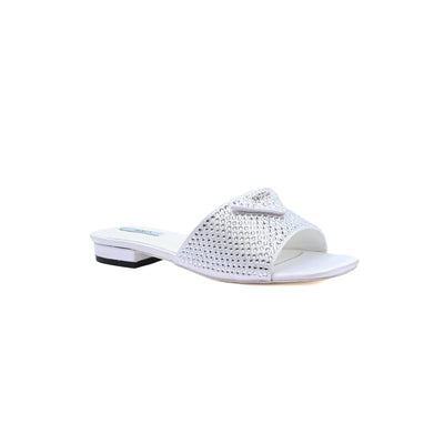 Prada Satin Crystal Logo Slide Embellished Sandals Woman 5566 Silver