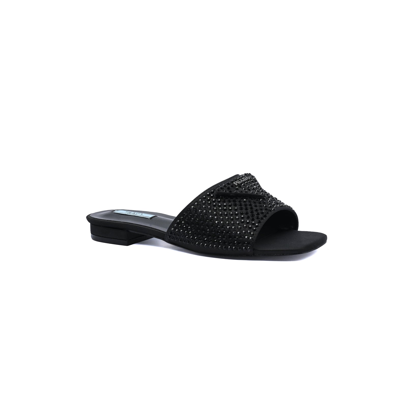 Prada Satin Crystal Logo Slide Embellished Sandals Woman 5566 Black - 1