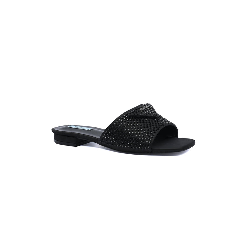 Prada Satin Crystal Logo Slide Embellished Sandals Woman 5566 Black - 1