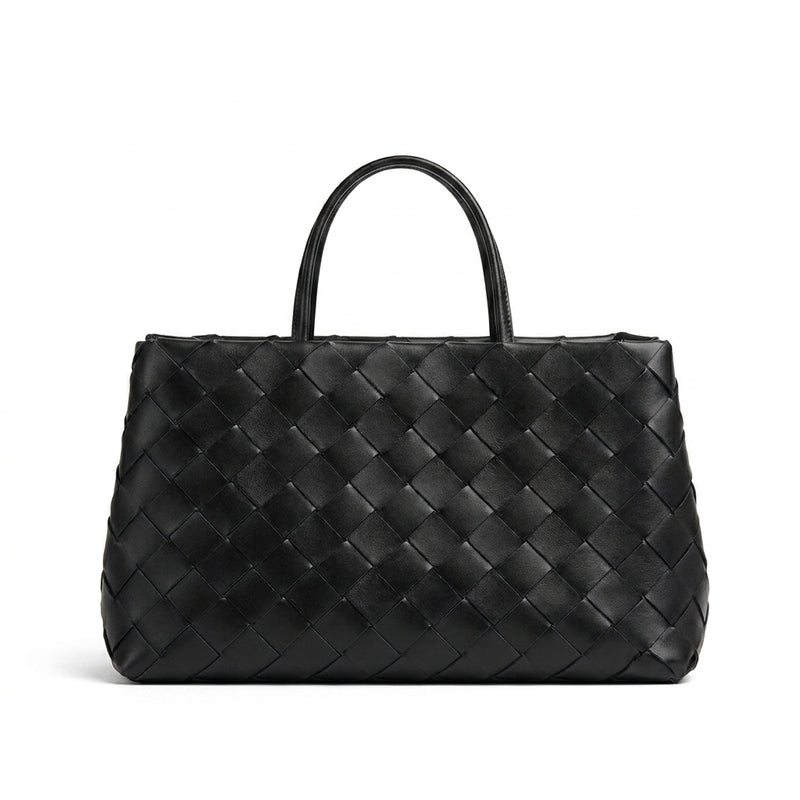 Weaved oil waxed calf leather handle shoulder tote Bag Mirror Length 23 cm - Width 42 cm Woman Y9113 Black - 1