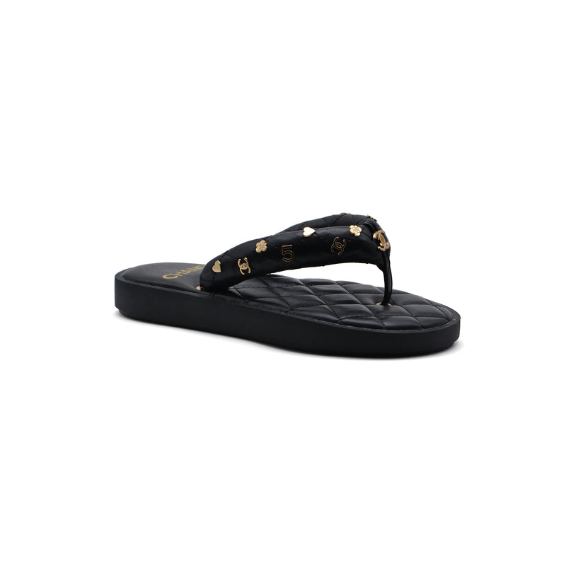 Chanel Lambskin Quilted Padded Charms Thong Sandals Woman XJC3134 Black - 1