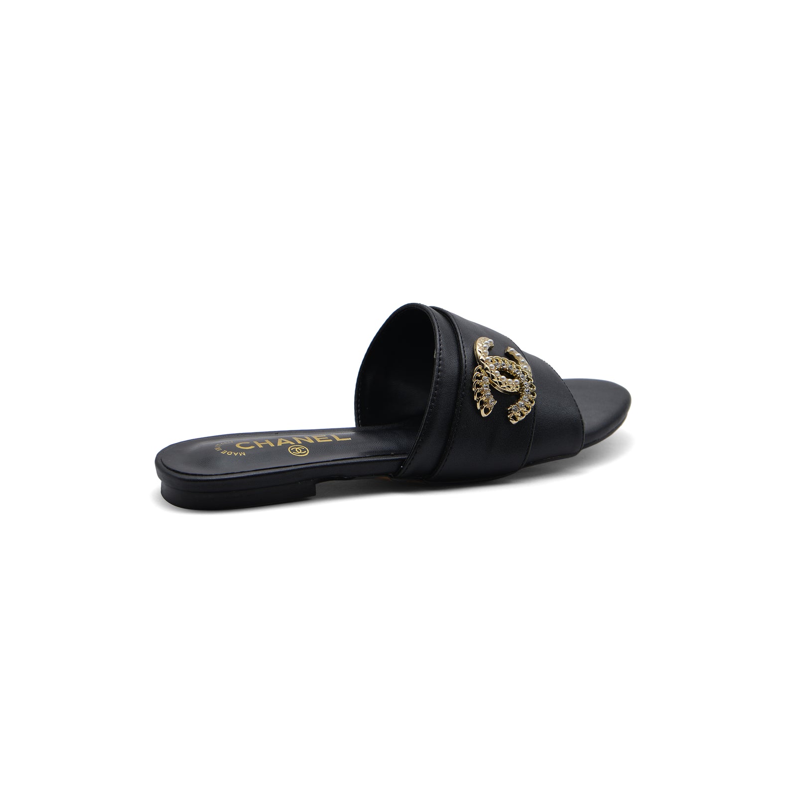 Chanel Leather Pearl Crystal CC Logo Slide Mules Ivory Slipper Woman 51156 Black - 2