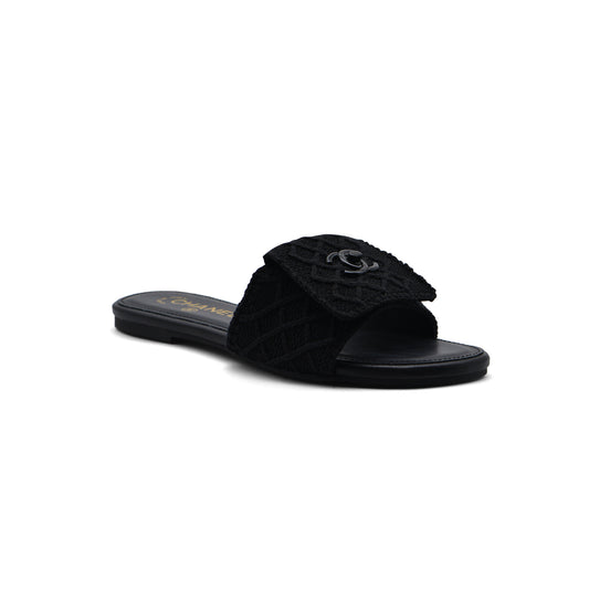 Chanel White Pearl CC Flat Slides Slipper Woman E6545 Black