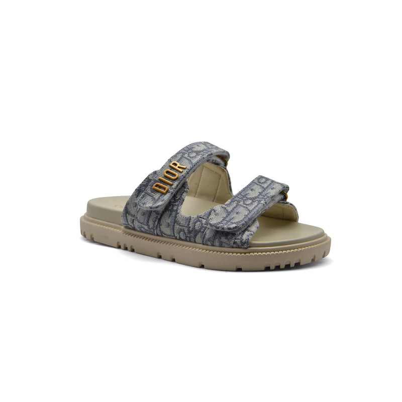 Christian Dior Textured with Gold Accents Oblique Raffia Chambray Jacquard Dioract Sandals Woman 16888-2 Gray - 1