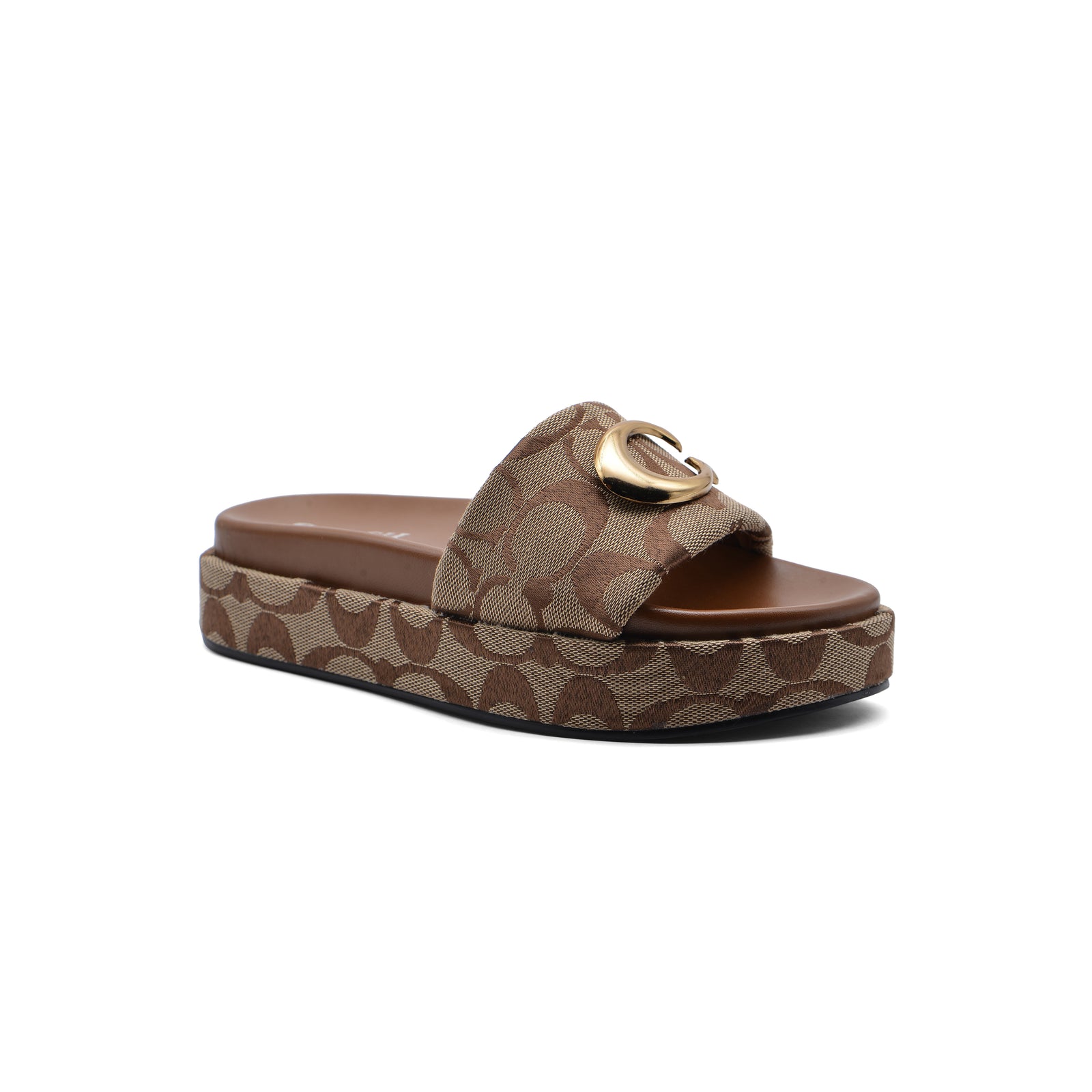Coach Brand Thick Soled Slippers Logo Print Sandals Leather Women 8109 Brown - 1