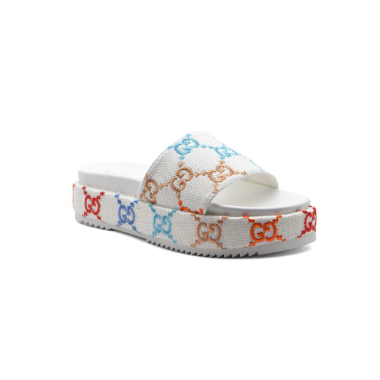 GUCCI Platform Multicolor logo print canvas slides Woman 2020-G5 White