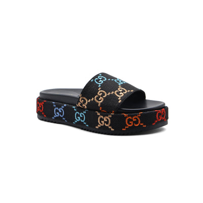 GUCCI Platform Multicolor logo print canvas slides Woman 2020-G5 Black