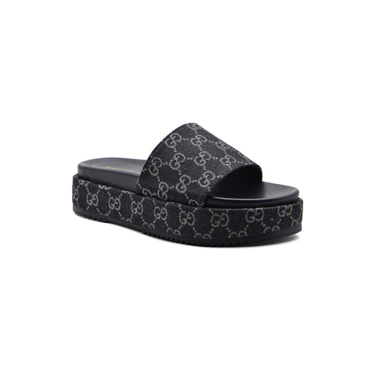 Gucci New Denim GG Monogram Angelina Platform Slide Woman 2020 Black