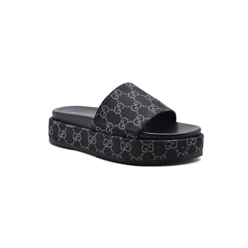 Gucci New Denim GG Monogram Angelina Platform Slide Woman 2020 Black - 1