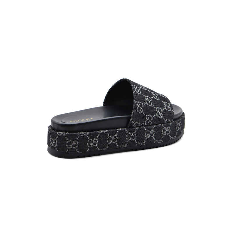 Gucci New Denim GG Monogram Angelina Platform Slide Woman 2020 Black - 2