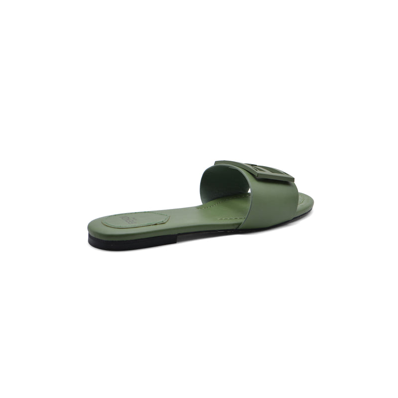 Fendi Baguette Cuoio Romano leather Signature Logo Slide Sandal Woman 1892-1 Green - 2