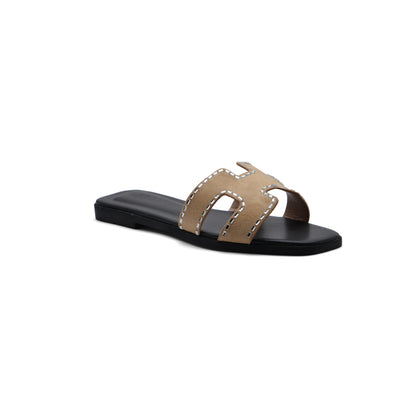 Hermes Calfskin Crystal Embellished Oran Sandals Woman H38-13 Beige