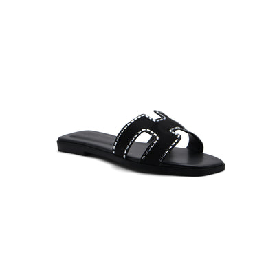 Hermes Calfskin Crystal Embellished Oran Sandals Woman H38-13 Black