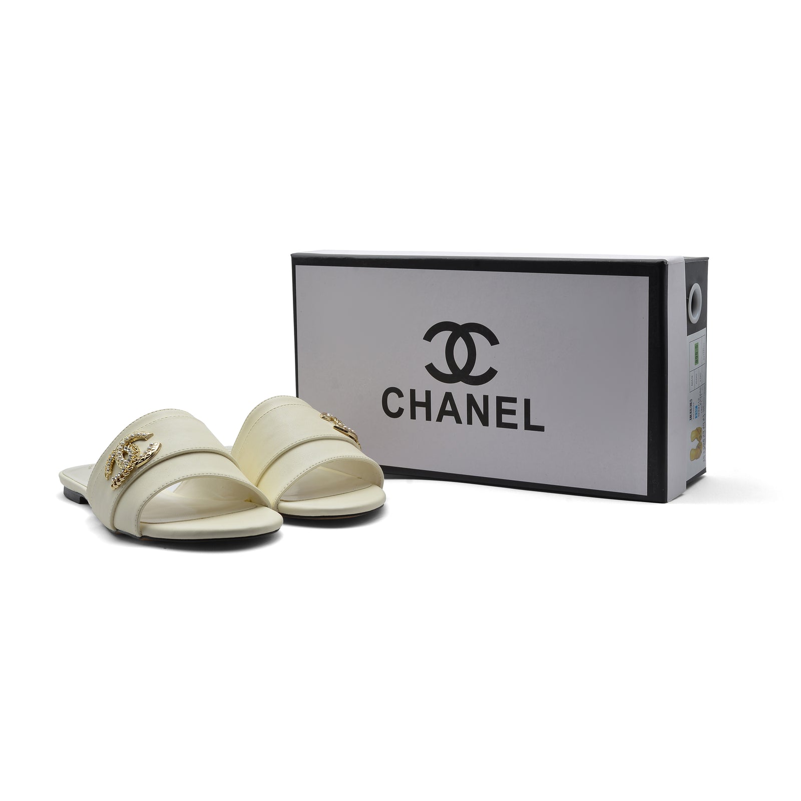 Chanel Leather Pearl Crystal CC Logo Slide Mules Ivory Slipper Woman 51156 White - 4