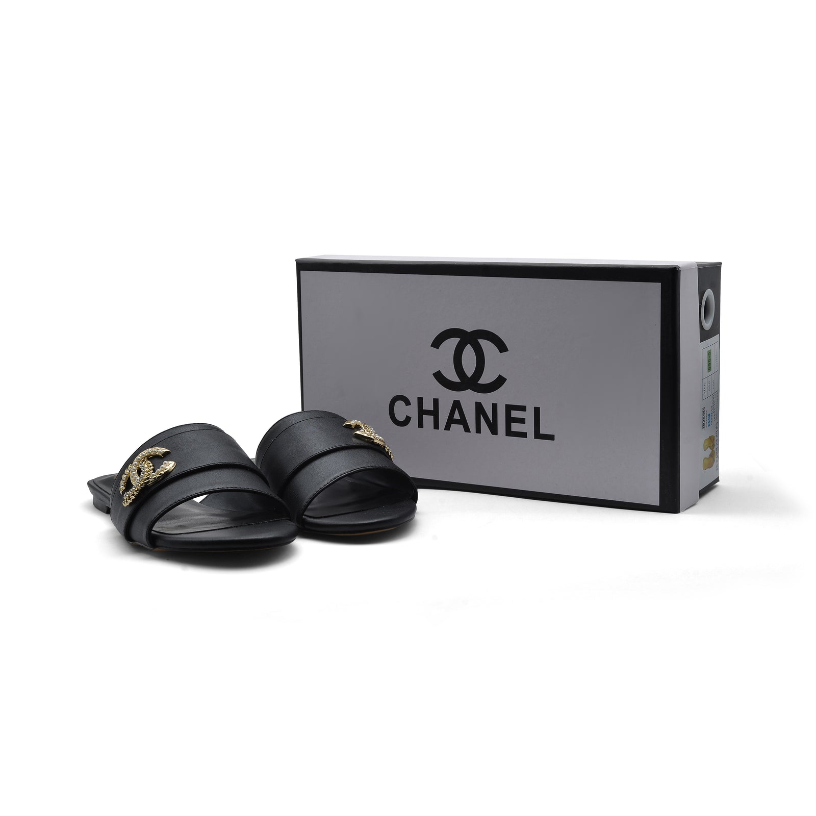 Chanel Leather Pearl Crystal CC Logo Slide Mules Ivory Slipper Woman 51156 Black - 4