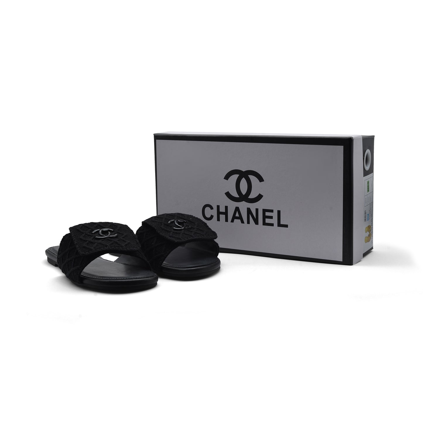Chanel White Pearl CC Flat Slides Slipper Woman E6545 Black
