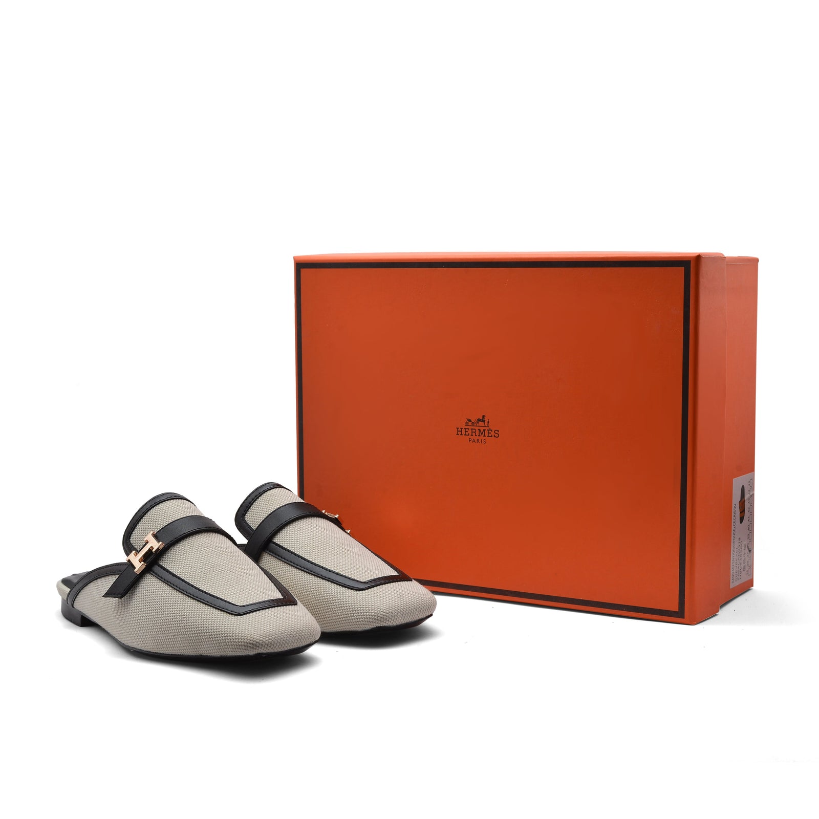 Hermès Groupie H Logo Mules Flats Slipper Woman H66-1 Off White&Black - 4