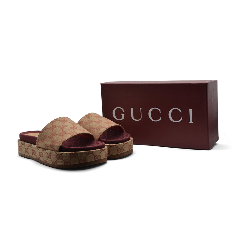 Gucci New Denim GG Monogram Angelina Platform Slide Woman 2020 Maroon - 4