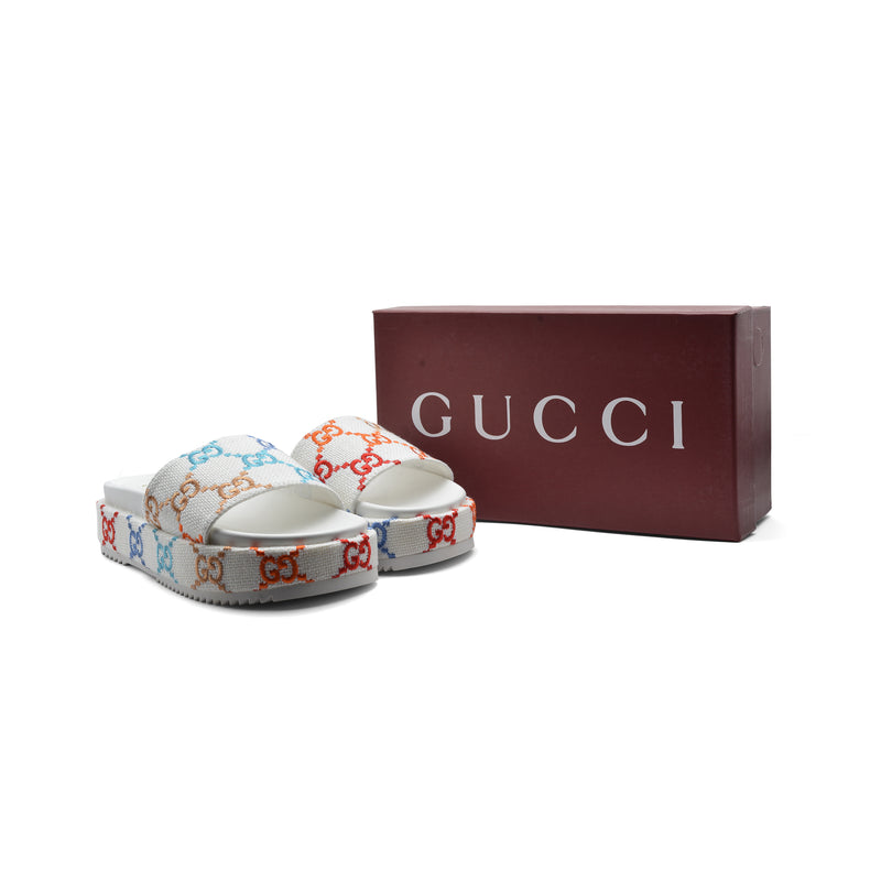 GUCCI Platform Multicolor logo print canvas slides Woman 2020-G5 White - 4