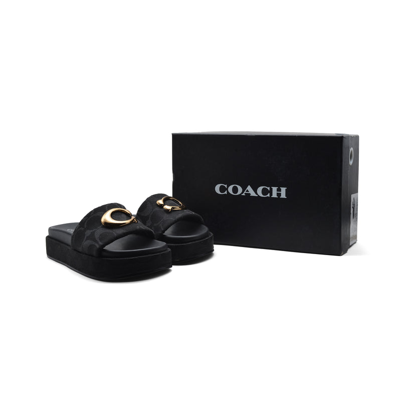 Coach Brand Thick Soled Slippers Logo Print Sandals Leather Women 8109 Black - 4